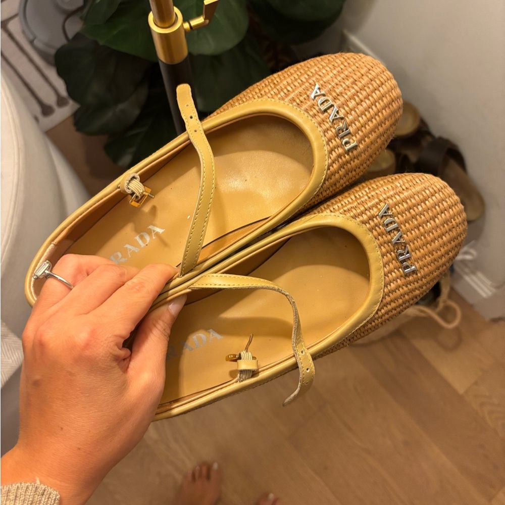 Prada Tan Woven Leather Mary-Jane Flats